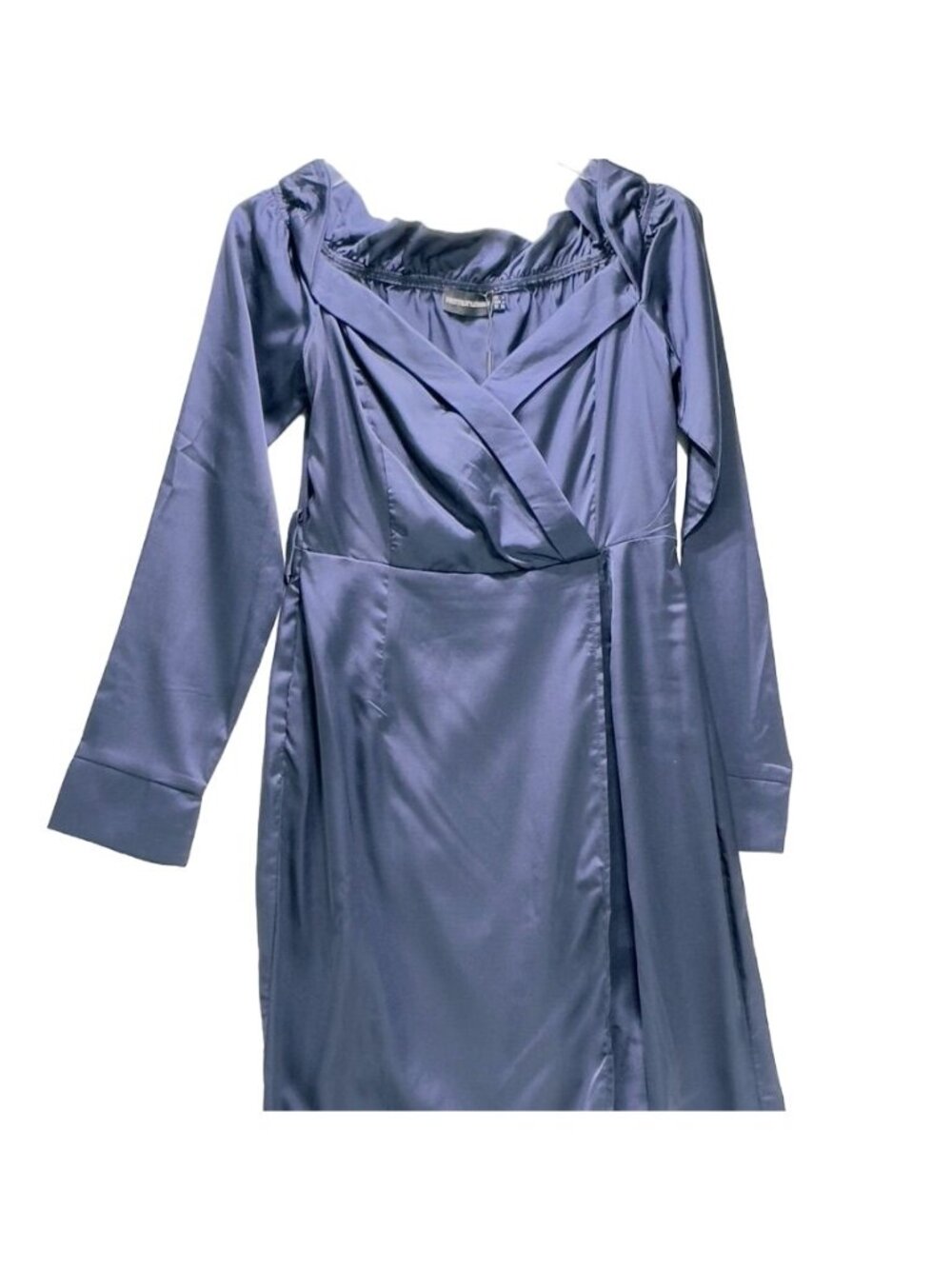 PRETTY LITTLE THING Women's Dress Blue Silky Maxi Ruffled Side Seam Slit Size 4 - Picture 3 of 7